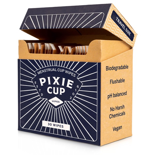 Pixie Menstrual Cup Wipes - Flushable, Biodegradable, & Ph Balanced - Best Individually Wrapped Packet Wipes for On The Go & Public Bathrooms - Wash, & Cleaner For Your Period Cups & Discs (30 Count)