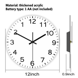 The Geeky Days Reloj de pared con números arábigos de 12 pulgadas, funciona con pilas, cuarzo silencioso en sentido contrario a las agujas del reloj, antiacrílico, decoración del hogar, relojes redondos