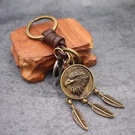 Rockyu Keychain, Men's, Women's, Vintage Style, Eagle Pendant, Genuine Leather, Unique, For Cars & Motorcycles, Gift Compatible, Fashionable Accessory, gold