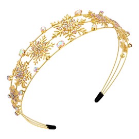 Christmas Crystal Snowflake Headbands for Women Sparkle Rhinestone Winter Party Flower Snowflake Crown Hairband Xmas Birthday Wedding Holiday Party Hair Accessory (Gold AB Sliver, L)