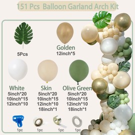 151Pcs Sage Green Balloons Garland Kit Gold White Balloons for Wedding Birthday Jungle Party Baby Shower Party Background Decoration