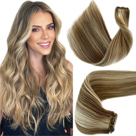 Balayage Sew in Hair Extensions Real Human Hair Weft, 8/18/80 Ash Brown to Beige Blonde to Platinum Blonde Hand Tied Weft Hair Extensions Human Hair Straight Thick Remy Hair Wefts Human Hair 12 Inch
