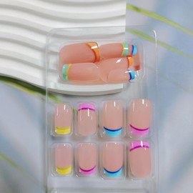 Colorful French Tip Press On Nails - Short Square Rainbow Fake Nails with Cute Designs, Neon Glossy Stick Ons for Women Girls