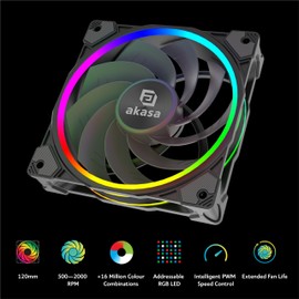Akasa SOHO AR12 Reverse Blade, 120 mm Case Fan with Reverse Flow, Addressable RGB MHD Bearing PC Cooler, 4-Pin PWM Silent Fan Under 31.6 dB(A) & Airflow up to 58.3 CFM, Black, AK-FN123
