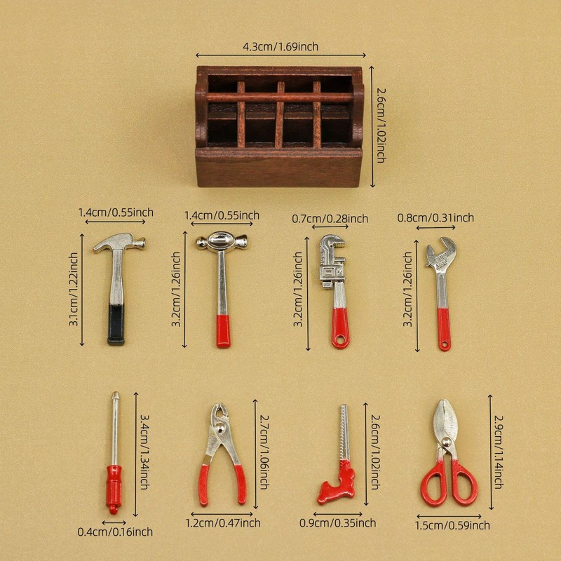 Miniature Dollhouse Tool Box Set, 1/12 Scale, Wooden Toolbox with