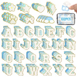 NICEVINYL Self Adhesive Chenille Patches：132PCS Blue Pre-Sort Varsity Letter Patch for DIY Bags Backpacks Hats - Heart Star Bowknot Cute Patch Stickers for Birthday Party Gifts Crafts