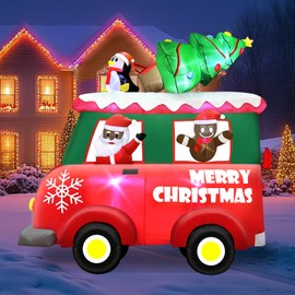 AMENON 8 Ft Giant Christmas Inflatables Black Santa Claus Driving Car with Xmas Tree & Penguins & Gingerbread Outdoor Decorations, Built-in LED Blow Up Xmas Yard Decorations for Lawn Holiday Décor