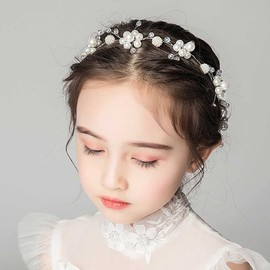 Bufenia Flower Girl Headpiece Silver Pearl Hair Vine Flower Bridal Crystal Headband for Wedding
