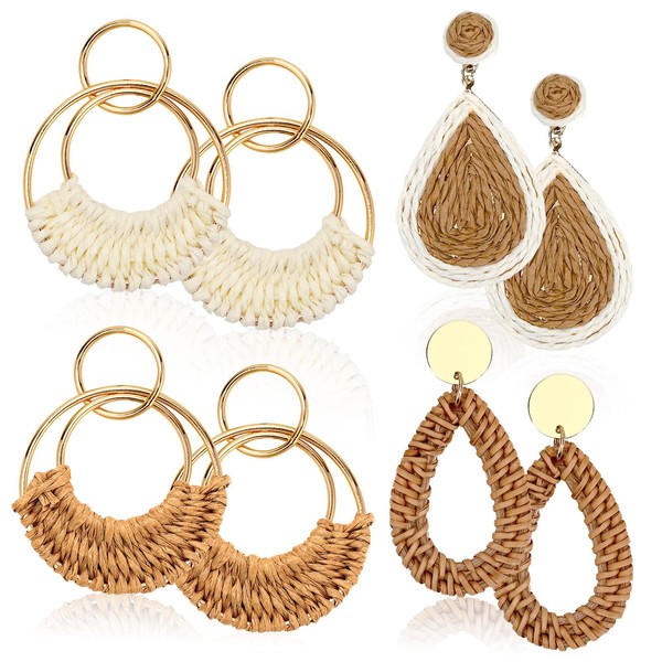 BOARDFEB 4 Pairs Boho Rattan Earrings for Women, Essential for