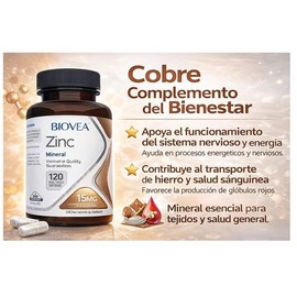 BIOVEA Zinc y Cobre 15mg de Zinc y 2mg de Cobre 120 Cápsulas Vegetarianas para Fortalecer el Sistema Inmunitario                                      