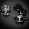 Couples Masquerade Masks | Feather Masquerade Mask Silver Black
