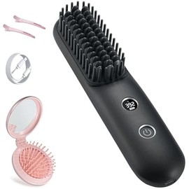 LCD Screen Cordless Hair Straightener Curler 2 in 1, Portable Mini Hair Straightening Brush for Travel Negative Ionic Fast Heating Hot Comb for Women, Folding Brush with Mirror, Black