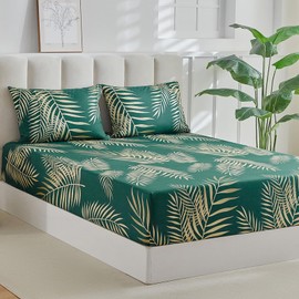 Tokokimo Fitted Sheet 180 x 200 cm 2 People, 35 cm Hat with 2 Pillowcases 65 x 65 cm Soft Microfibre Fitted Sheet with Tropical Leaf Pattern, Dark Green