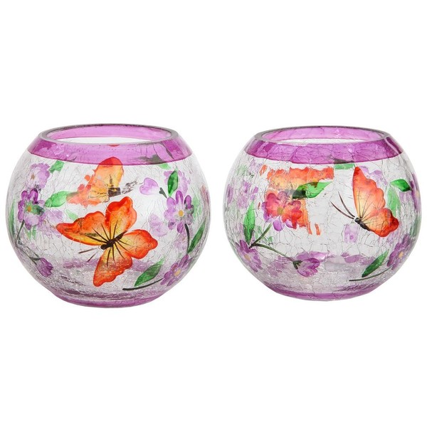 Home-X - Hand Painted Blossoms and Butterflies Candleholders (Set of 2), Crackle Glass Candle Holder Design is Elegant, Crafted by Hand, and The Perfect Centerpiece in Any Home