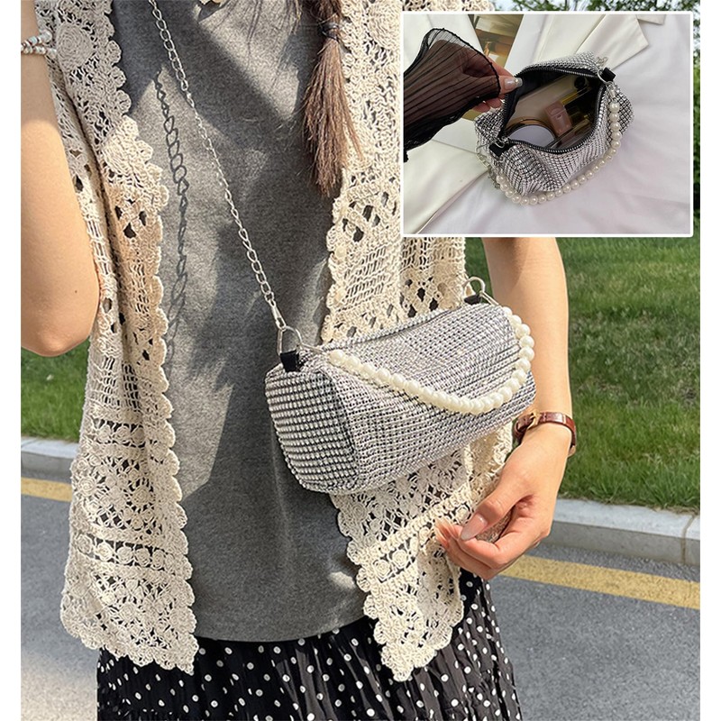 [HIVOGUE] Rhinestone Party Bag, Pearl, 2-Way Clutch Bag, Women's Shoulder