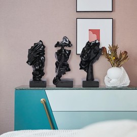 Dawbun 3 Piece Black Silence is Thinker Statue Black Home Decor Abstract Face Sculpture Resin Figurines for Desktop Office Desk Living Room Collection Figurine Decoration Bookshelf Decorative Objects