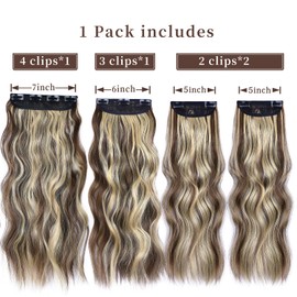 Clip in Synthetic Hair Extensions Long Wavy 4PCS Thick Hairpieces Blonde Highlighted Medium Brown Fiber Double Weft Natural Hair Extensions 20 Inch for Women (4pcs, 20Inch, 86H10#)