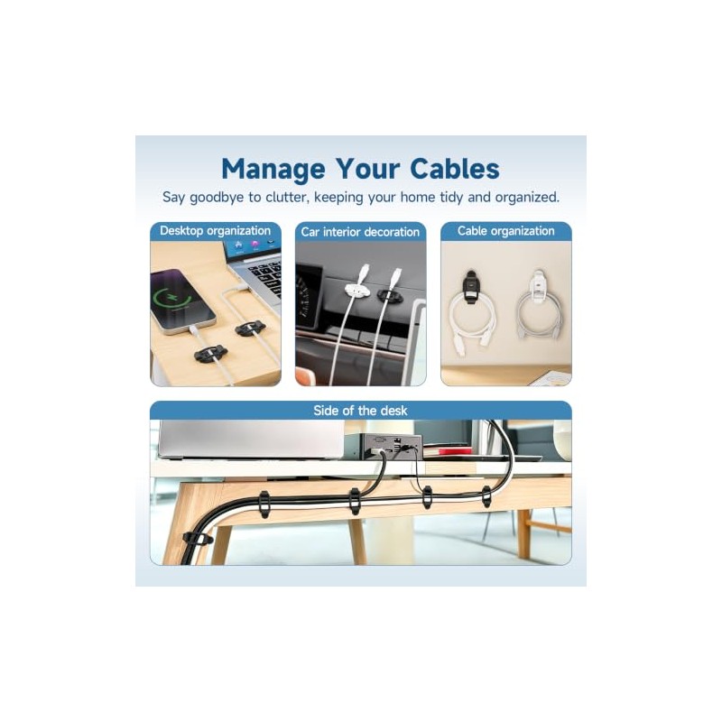 Adjustable Cable Management Clips - Self Adhesive Cord Organizer