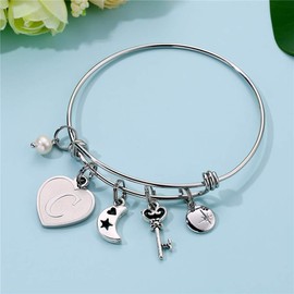 Initial Bangle Bracelets For Women - Heart Charm Engraved Letter C Initial Bracelet Stainless Steel Charms Expandable Wire Bracelets Birthday Jewelry Gifts for Women Teen Girls Girls Teenager