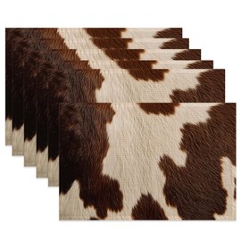 Cow Skin Print Table Placemats Set of 6,Non-Slip Brown Fur Fabric Placemats for Dining Room Kitchen Party Holiday, Indoor Cloth Table Mats for Home Decor 11.8x17.7 Inch