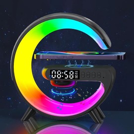 Voncerus Wireless Speaker, G Shape Table Lamp,Atmosphere Night Light with Wireless Charging Function, Bedside Lamp with Alarm Clock & Charging Function,Gifts