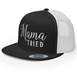 RIVEMUG NG Mama Tried Embroidered Trucker Hat Flat Bill High Crown Funny Adjustable Cap Black/White