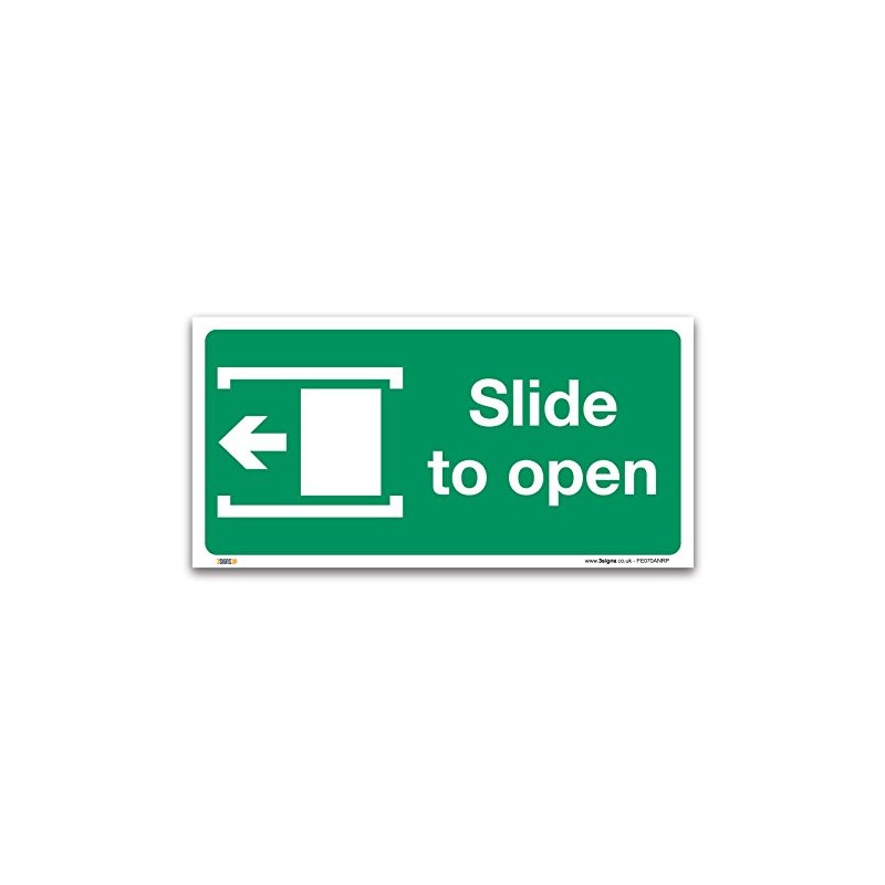 Slide to open left Fire exit Sign, 1mm Rigid Plastic