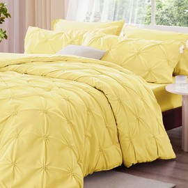 BEDELITE Light Yellow King Size Comforter Set - 3 Pieces Boho Pintuck Bedding Comforter Sets, Lightweight Soft & Warm King Bedding Set with 2 Pillowcases for All Season