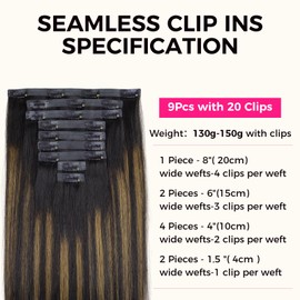 Lashey Seamless Clip in Hair Extensions Human Hair 9pcs Straight Natural Black Mixed Chestnut Brown 130g 18 Inch Clip in Hair Extensions with Thin PU Soft Invisible Edge for Women