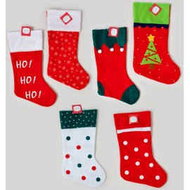 18" Felt Christmas Stockings w/Novelty Designs & Hanging Tag (Set of 6)