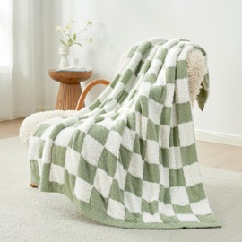 Snuggle Sac Sage Green Checkered Throw Blanket Faux Fur Knitted with Microfiber Yarn, Cozy Soft Warm Blankets for Couch,Sofa,Bedroom, Living Room,Sage Green Checker,50x60 inches