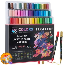 FEGLEEN 48 Colors Acrylic Paint Markers,Dual Tip Acrylic Markers with Fine Tip and Brush Tip Contain 12 Metallic Colors for Rock Painting,Egg,Wood,Glass,Canvas,Fabric,Ceramic,Crafts,Art Supplies