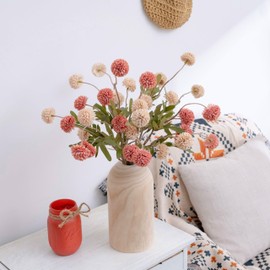 LUEUR Artificial Fall Flowers with Wooden Vase – Long Stem Mums Beige & Pink Chrysanthemum Pom Pom Floral Arrangement Centerpiece Table Decorations for Thanksgiving Dining Farmhouse Table Decor