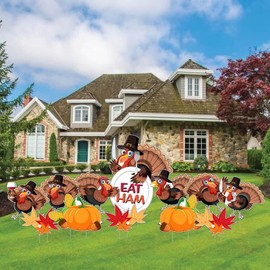 VictoryStore Yard Signs, Eat Ham Thanksgiving Turkeys Yard Signs, Thanksgiving Yard Decorations, 12 Piece Set, Includes Stakes 19644