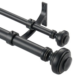 Mayrhyme Wood Double Curtain Rod for Windows 36 to 72 Inches (3 to 6 ft), Adjustable Heavy Duty Double Drapery Rods, Farmhouse Collection Decorative Design with Porch Doorknob Finials,Antique Black