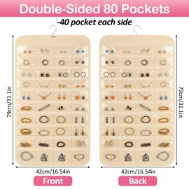 Hanging Jewelry Organizer for Closet with Swiveling Hanger, 17 x 30 In, 80 Clear Pockets Jewelry Organizer Hanging for Jewelries, Earrings, Accessories (Beige)