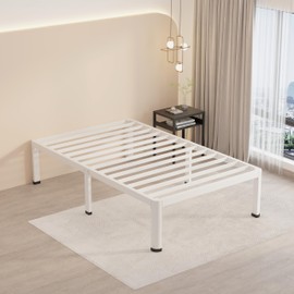 MAF 18 Inch Twin Bed Frames White with Round Corner Legs Mattress Slide Stopper No Box Spring Needed Heavy Duty Metal Platform Bed Frame Under-Bed Storage Space, 3000 LBS Steel Slats Support