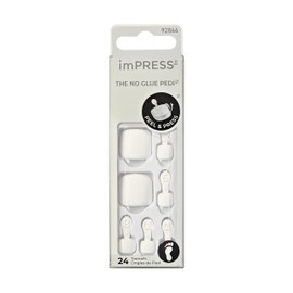 KISS imPRESS No Glue Pedi Press-On Nails, Toenails, 'All Smiles', White, Short Size, Squoval Shape, Includes 24 Nails, Prep Pad, Instructions Sheet, 1 Manicure Stick, 1 Mini File