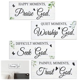 4 Pcs Wood Bible Verses Wall Decor Set, Rustic Christian Scripture Sign Featuring Inspirational Quotes for Happy Difficult Quiet Painful Moments, Christian Home Decor for Bathroom Home Office Playroom