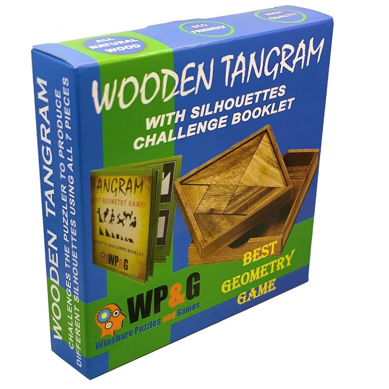 Tangram Wooden Puzzle Geometry Game, with 48 Silhouette Tangrams Challenge
