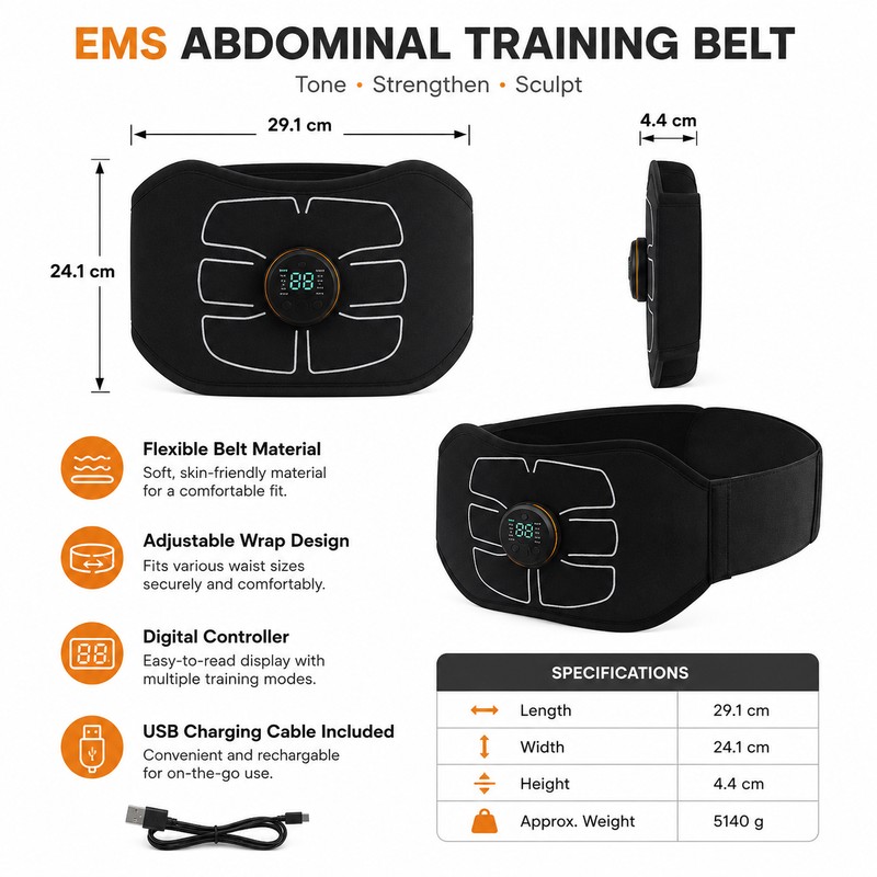 EMS Abdominal Toning Belt for Home Fitness – USB Rechargeable