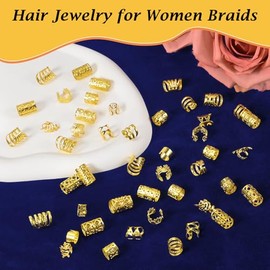 Nafaboig 100PCS Gold Hair Jewelry for Women Braids, Hair Accessories for Girls Women, Assorted Gold Hair cuffs Ear Clips Loc Beads for Hair Decoration