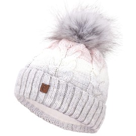 Faera Winter Hat - Warm Lined Faux Fur Bobble Hat - Fleece Lining - Winter Knitted Beanie Hat - Unisex, One Size - White