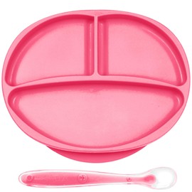 Silicone Baby Suction Plate for Self Feeding Training, 3-Compartment Divided Plate Mat Stays Put for Toddlers First Foods and Early Stage Feeding, BPA Free, Microwave & Dishwasher Safe