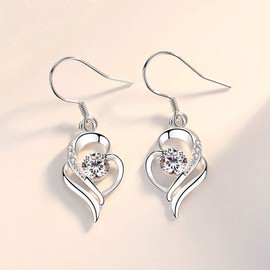 Shuxin Silver Dangle Drop Earrings for Women, 925 Sterling Heart Earrings, with White AAA Cubic Zirconia, Hypoallergenic Jewellery for Sensitive Ears, Suitable for Women Girls, Come in Jewellery Box