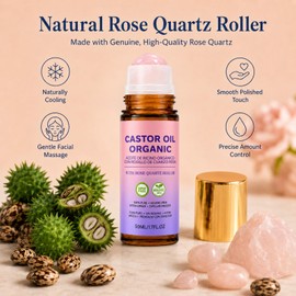 Organic Castor Oil Roller Ball, 100% Organic Castor Oil On with Rose Quartz Roller Ball, Cold-Pressed, Hexane-Free, Helps Firm Skin, Reduce Fine Lines & Nourish, for All Skin Types (50ml/1.7oz)