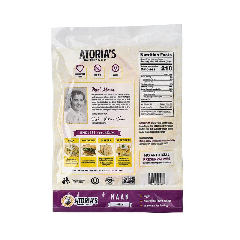 Atoria's Family Bakery Garlic Naan Flatbread 8 Pack | 16