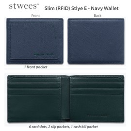 maskfactory stwees bifold leather wallets - Ultra slim, RFID, Front pocket, slim, ID window (Pocket style E, Navy), Navy, Slime Fashin
