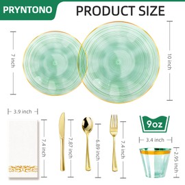 Pryntono 175PCS Green Plastic Plates with Gold Trim, Disposable Party Dinnerware Set for 25 Guests, Include 25 Dinner & Salad Plates, Napkins, Forks, Spoons, Knives, Cups, Perfect for Party