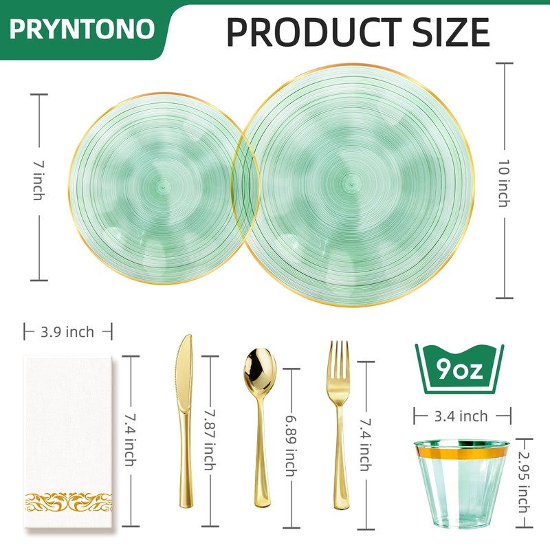 Pryntono 175PCS Green Plastic Plates with Gold Trim, Disposable Party